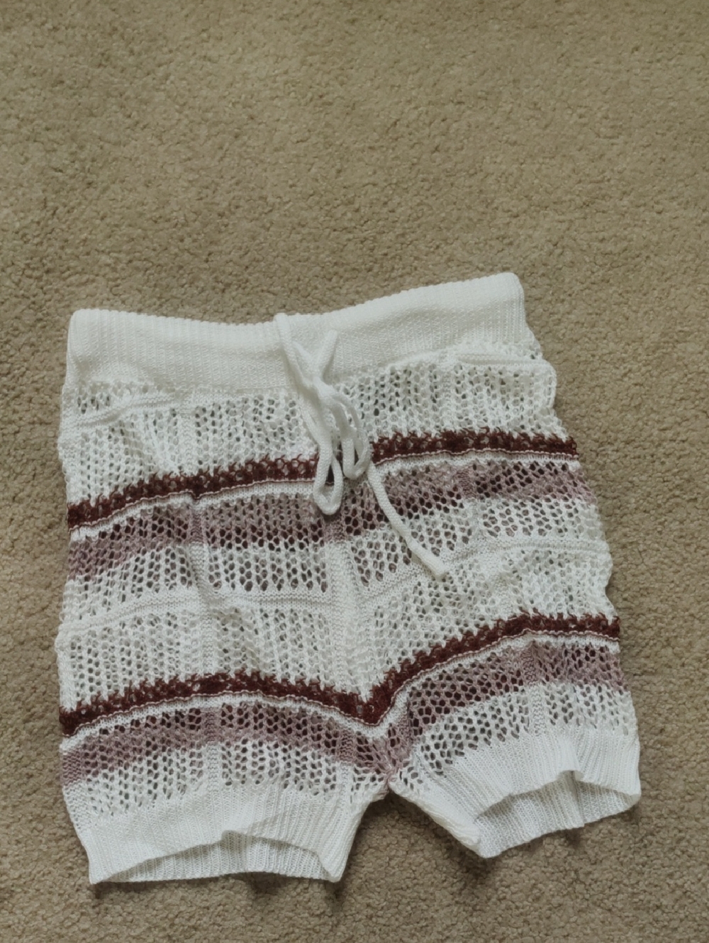 White Crochet Knit Swim Coverup Shorts with Brown Stripe Accent